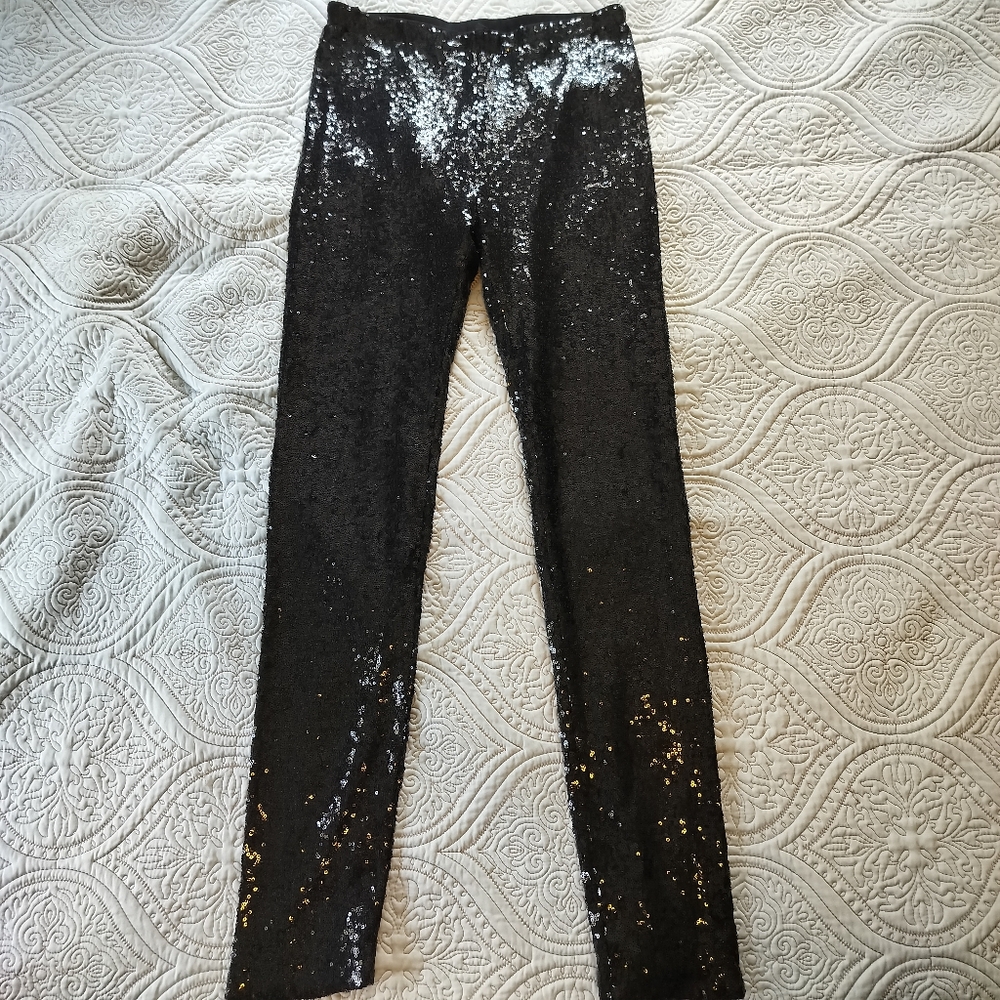 Giani Bini Black Sequin‎ Pull On Pants Womens Size M Stretchy Regency High Waist